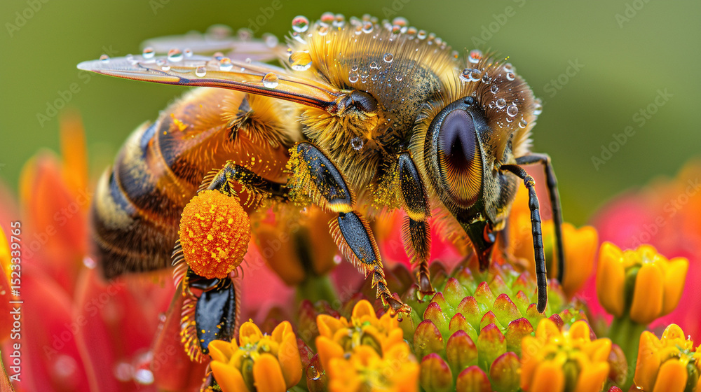 Naklejka premium Macro Close-up: Bee Gathering Nectar Amidst Morning Dew