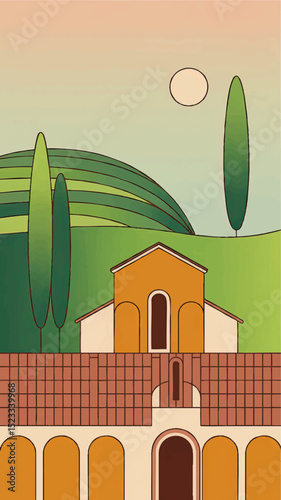 Minimalist Tuscan Countryside Illustration with Villa, Rolling Hills, Cypress Trees and Sunset in Soft Pastel Colors