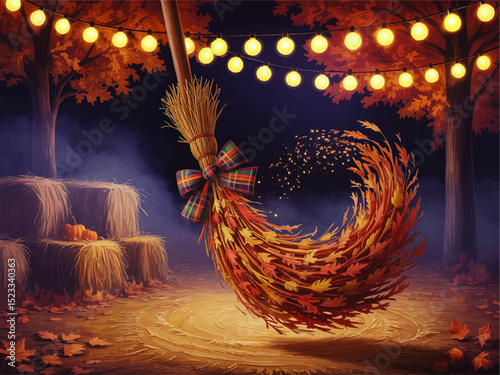 Magical Autumn Night Scene with Whimsical Broom Sweeping Colorful Leaves, Festive Lights, and Hay Bales in Fall Forest