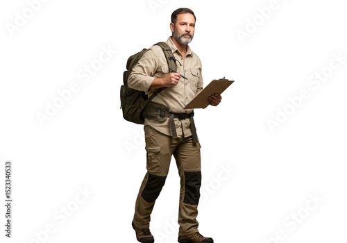 Full Body Traveler with Clipboard Walking Outdoors in Beige Isolated