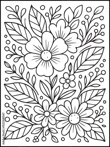 Floral Coloring Page for Kids and Adults – Printable Line Art with Beautiful Flowers and Leaves for Relaxation and Coloring Fun
