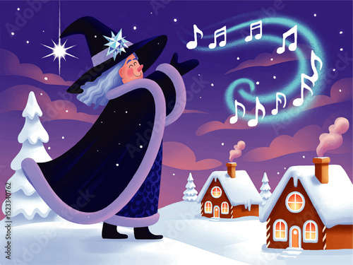 Magical Winter Wizard Casting Musical Spell Over Snowy Village, Whimsical Night Landscape With Cozy Houses, Fantasy Christmas Illustration