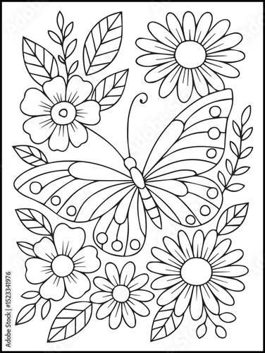 Floral Coloring Page for Kids and Adults – Printable Line Art with Beautiful Flowers and Leaves for Relaxation and Coloring Fun