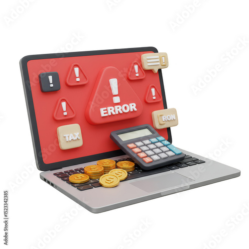 3D Illustration of Error on Laptop with Calculator and Coins Finance