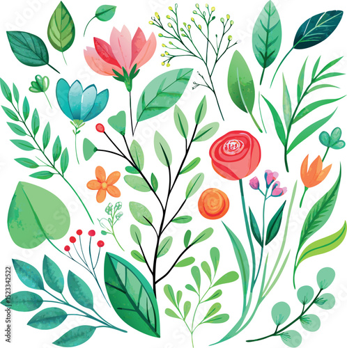 Vibrant Floral Collection Watercolor Botanical Illustrations of Flowers and Leaves
