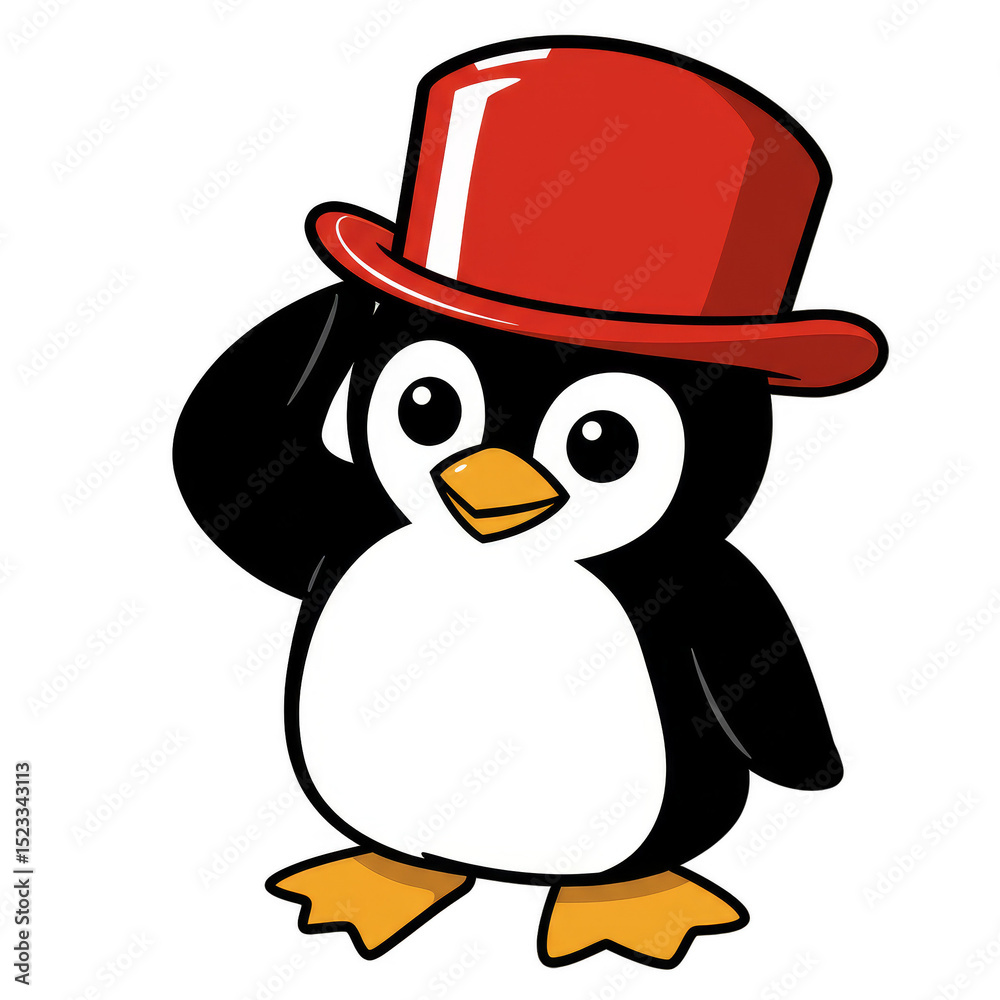 Obraz premium Illustration of Penguin Wearing Red Top Hat Isolated on Transparent Background