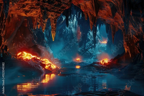 Premium Quality Image of Mysterious Glowing Cave with Strange Formations photo
