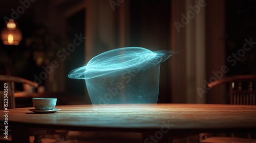Abstract glowing form over wooden table futuristic technology concept