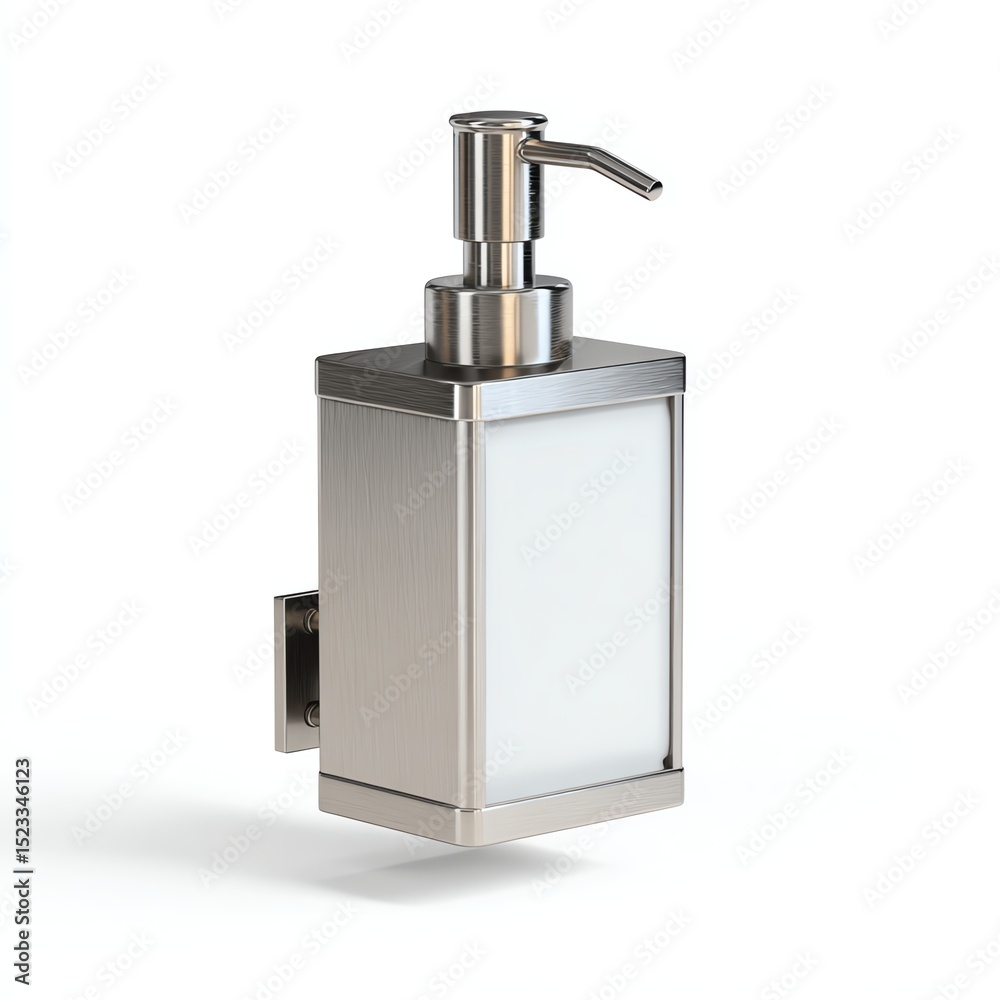 Obraz premium 3D realistic render of a wall-mounted soap dispenser, brushed metal, clean white background