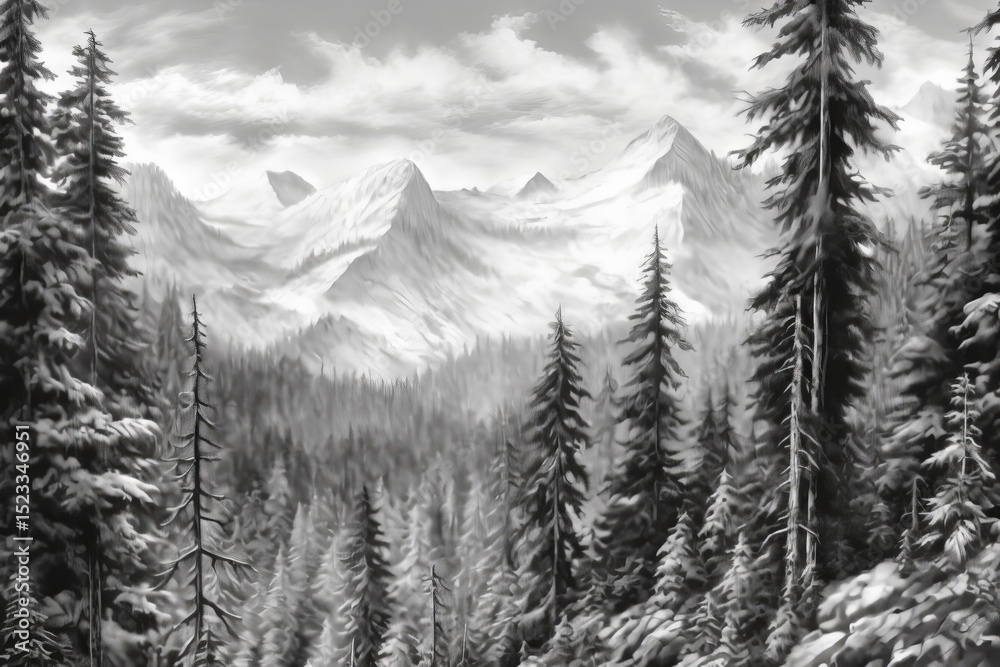 Fototapeta premium Monochrome Landscape of Snowy Mountains and Dense Forest with Mist