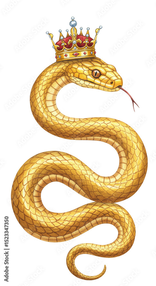 Fototapeta premium Illustration of Golden Snake with Jeweled Crown on Transparent Background