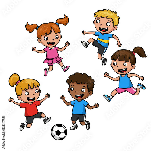 Colorful Children Illustration Joyfully Playing Soccer on Transparent Background
