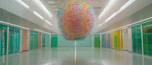 Colorful hallway with a sphere of pastel colors at the center, and doors painted with several colors