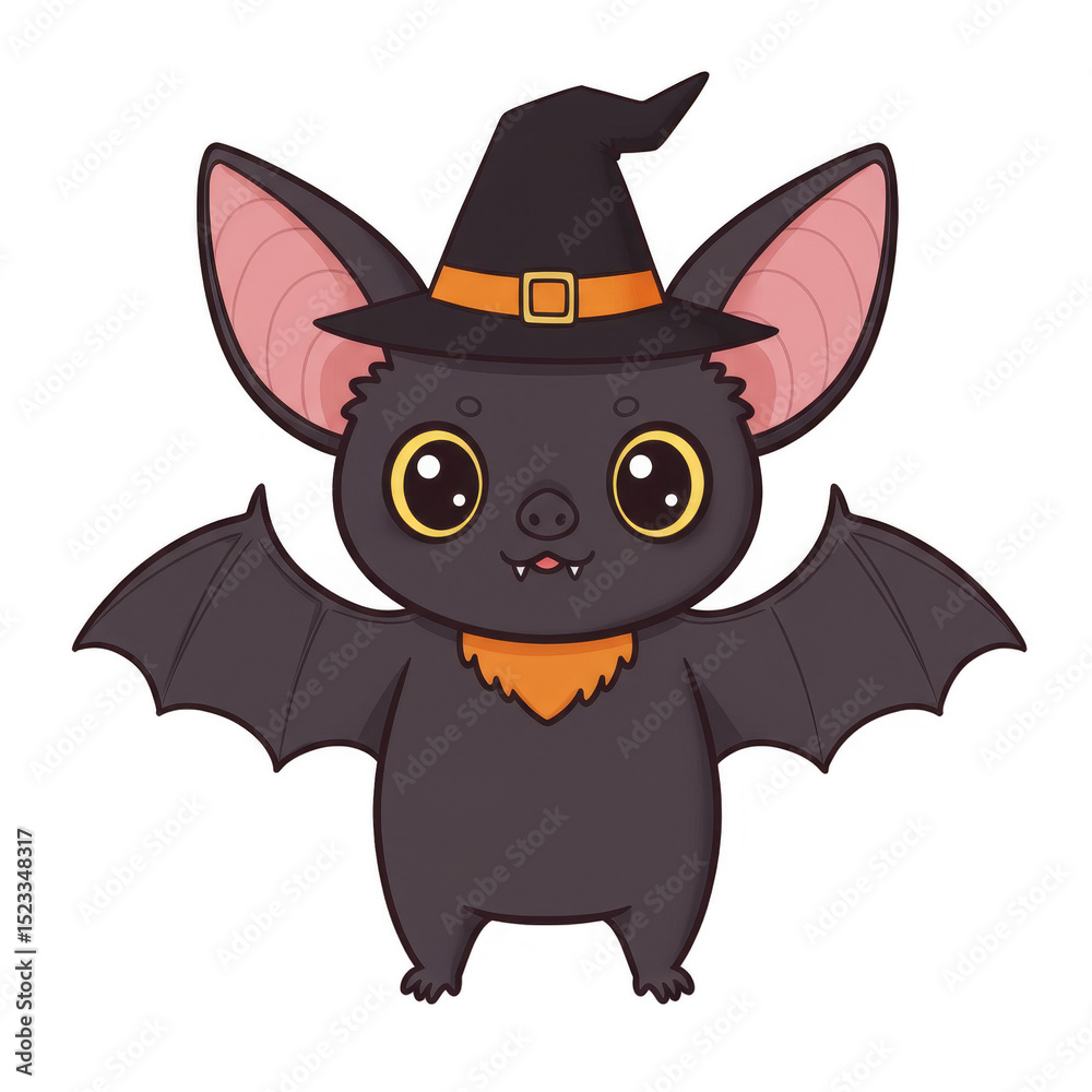 Fototapeta premium Cute Cartoon Halloween Bat Wearing Witch Hat Illustration on Transparent