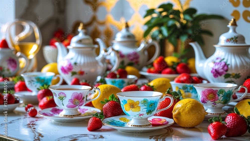 Fototapeta premium Elegant tea party with strawberries and lemons