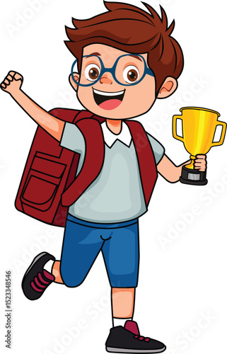 happy school boy won a thropy