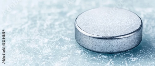 Round, silvery metal object on an icy, cracked bluish surface. Light reflecting