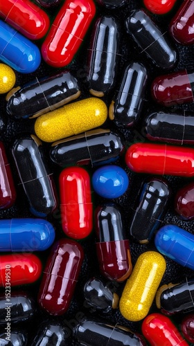 Multicolored capsules scattered on a textured dark surface