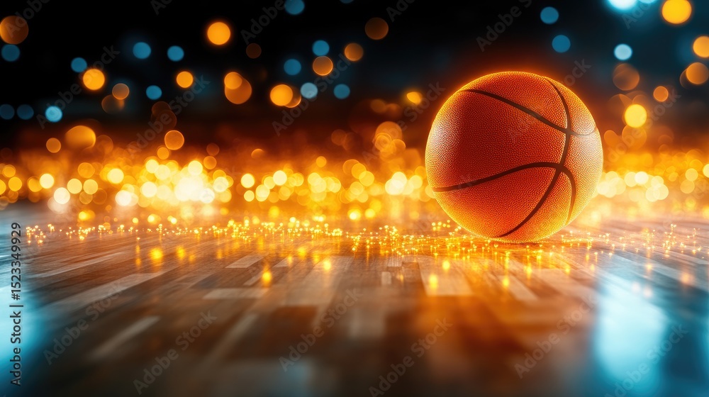 Fototapeta premium Basketball with bright bokeh lights on a digital floor
