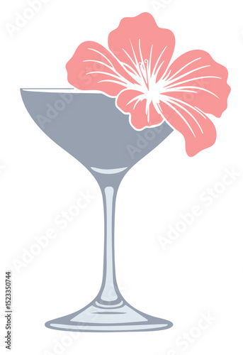 Tropical Cocktail Glass with Hibiscus Flower Clipart, Summer Drink Illustration, Pink Flower Margarita Glass PNG, Beach Bar Logo


