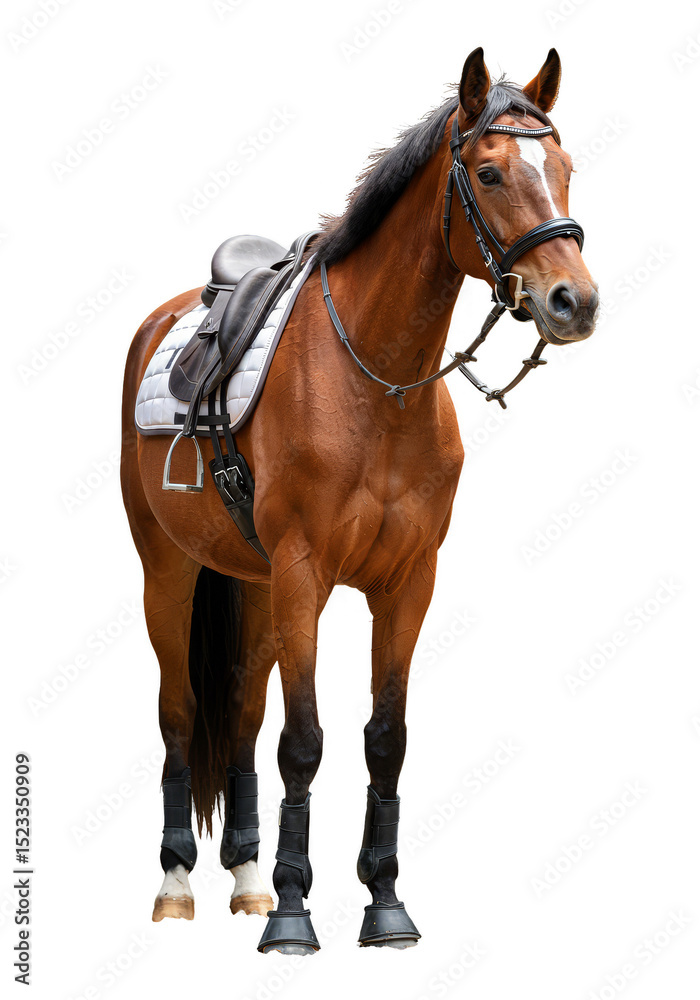 Obraz premium Brown Horse Isolated On Transparent Background With Leather Saddle Portrait