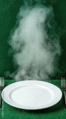Steaming dish awaits consumption on green backdrop with forks at both side of the plate