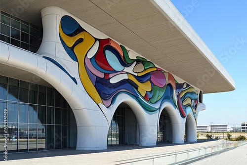 Modern building with a colorful, abstract mural on a white facade