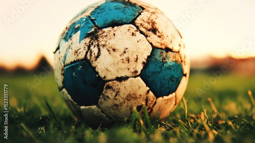 A blue and white soccer ball rests on a grass field, lit by the warm evening sunlight