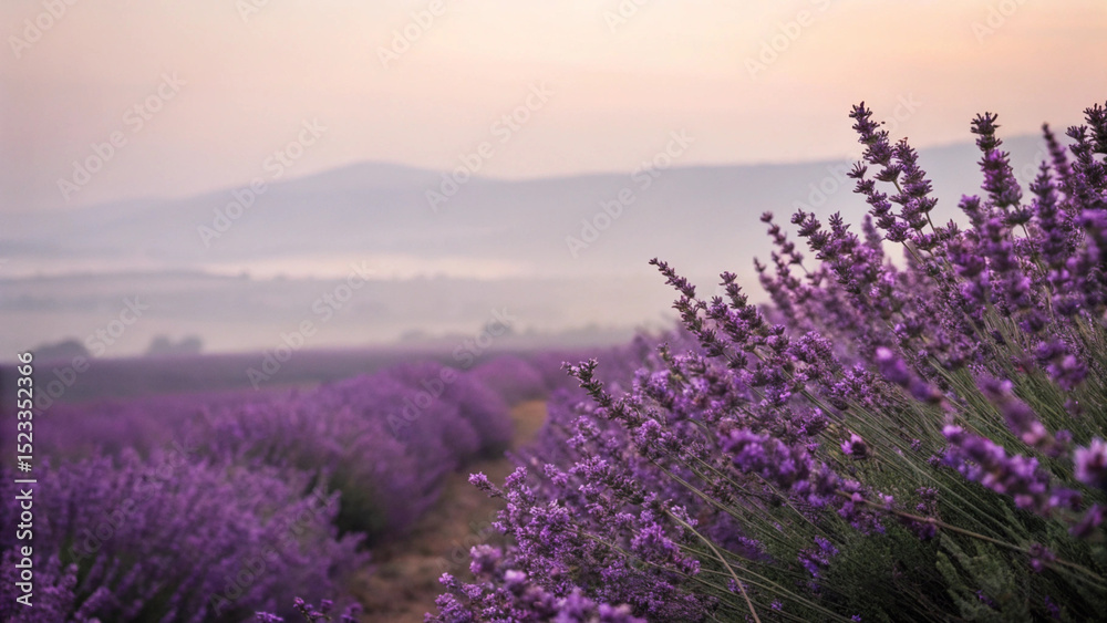 Fototapeta premium Stunning purple lavender field in bloom with a serene misty mountain background at sunset