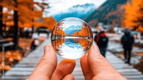Autumn foliage reflected in a crystal ball. Mountain views and trees in vibrant colors create a serene scene