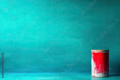 Teal backdrop, red canister