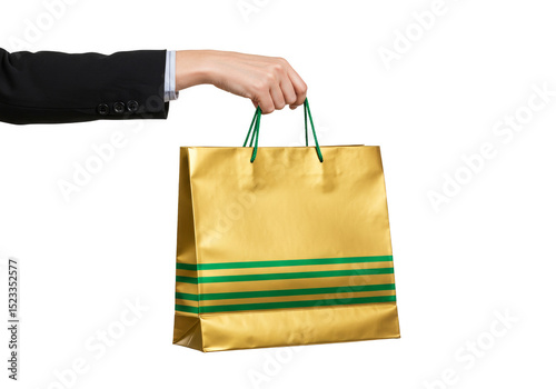 Isolated Close Up of Hand Holding Golden Shopping Bag with Green Stripes