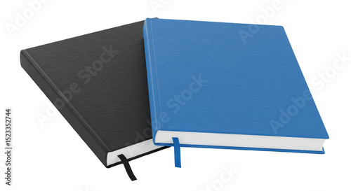 Isolated 3D Rendering of Blue and Black Notebooks on Transparent Background