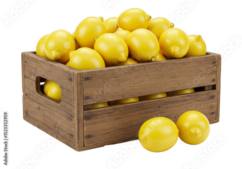 Illustration Heap of Yellow Lemons in a Wooden Box on Transparent Background
