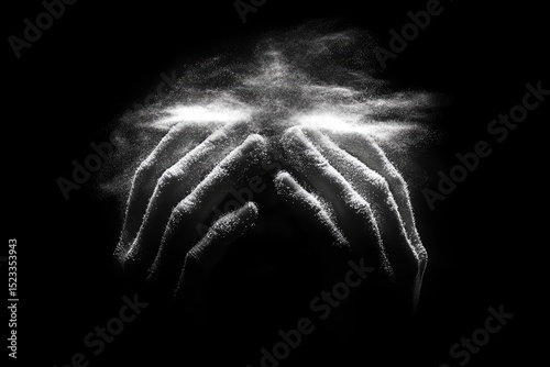 Hands cupping, emitting glowing dust particles in a dark space