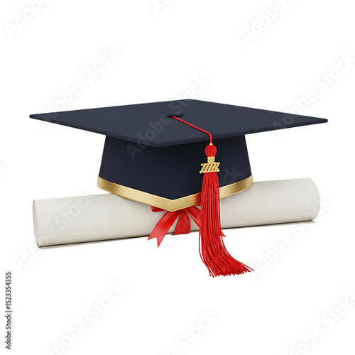 Graduation Cap and Diploma Scroll with Red Ribbon on Black Background for Academic Achievement Celebration
