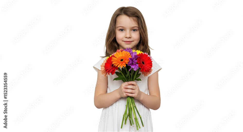 Cute Portrait Of Young Girl In White Dress Holding Flowers PNG Image Cute Portrait Of Young Girl In White Dress Holding Flowers PNG Image