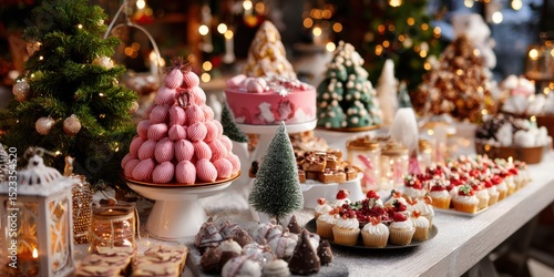Assorted Christmas desserts arranged on a table with a decorated holiday tree in the background.
