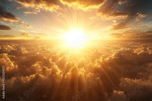 Radiant sunlight illuminates clouds, creating a breathtaking view from above the serene landscape