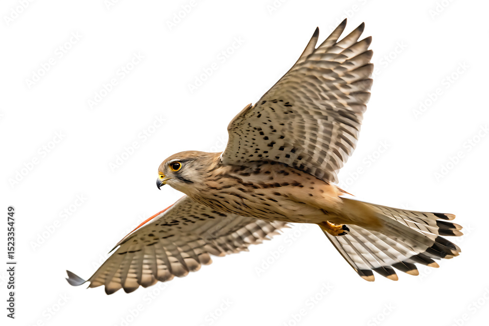 Fototapeta premium Kestrel bird in flight isolated on a white background png ai