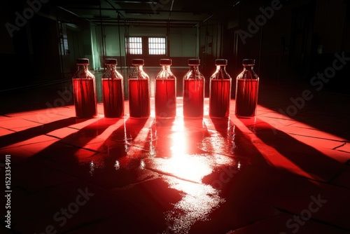 Dark room with vials filled with red liquid. Eerie light, creating dramatic shadows on floor