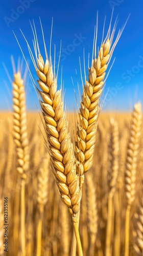 Golden wheat ears against vibrant blue sky