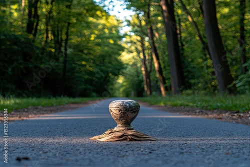 Forest path with decorative object