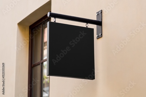 black blank square hanging signboard mounted on beige wall outside window shows empty storefront signage