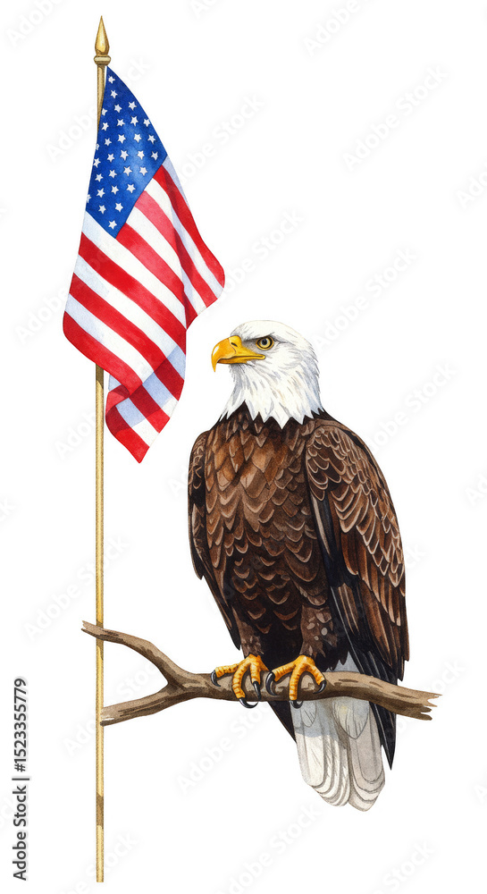 Naklejka premium Illustration of Eagle Holding American Flag on Branch Transparent BG