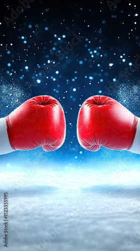 Red gloves poised, action-packed, snow below, cosmic stars above, tension hangs, moment before the fight