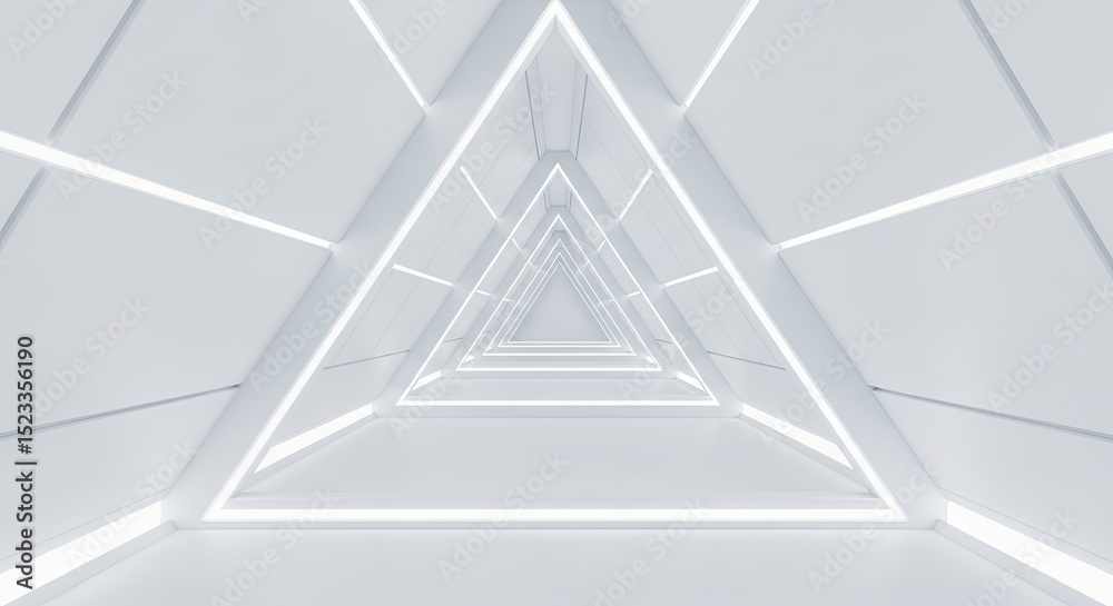 Fototapeta premium A sleek 3D rendering of an empty, long, and brightly lit corridor, designed as a futuristic sci-fi triangle tunnel with a modern white background.