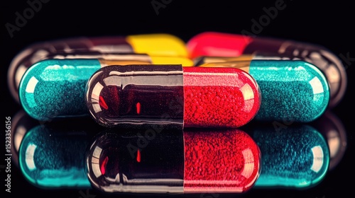 Colorful pills reflected on black surface
