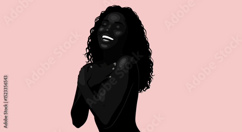 Joyful Woman Laughing, Gently Touching Her Smooth, Radiant Skin