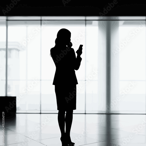 Silhouette: Modern Businesswoman on Phone in Office Lobby